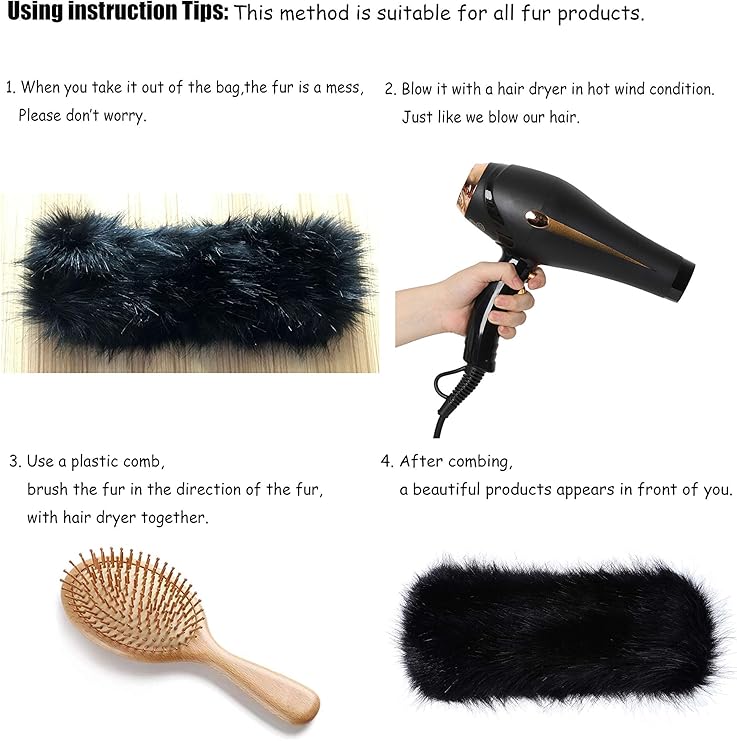 Schwarzer Kunstpelz-Schal, flauschig, mit Föhn und Holzkamm, Pflegeanleitung.