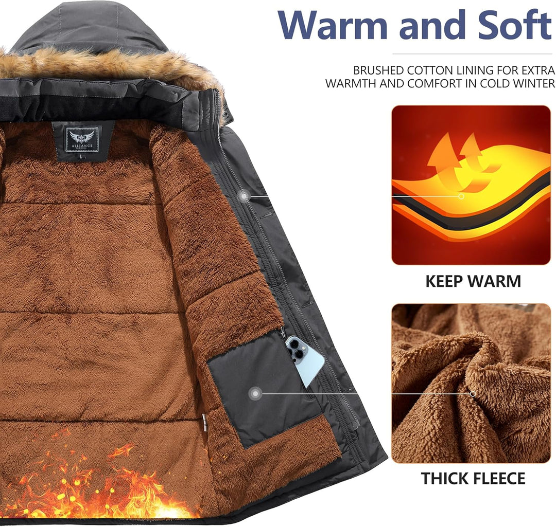 Schwarze Winterjacke mit braunem Fleecefutter, Kapuze und warmem Innenfutter für kalte Tage.