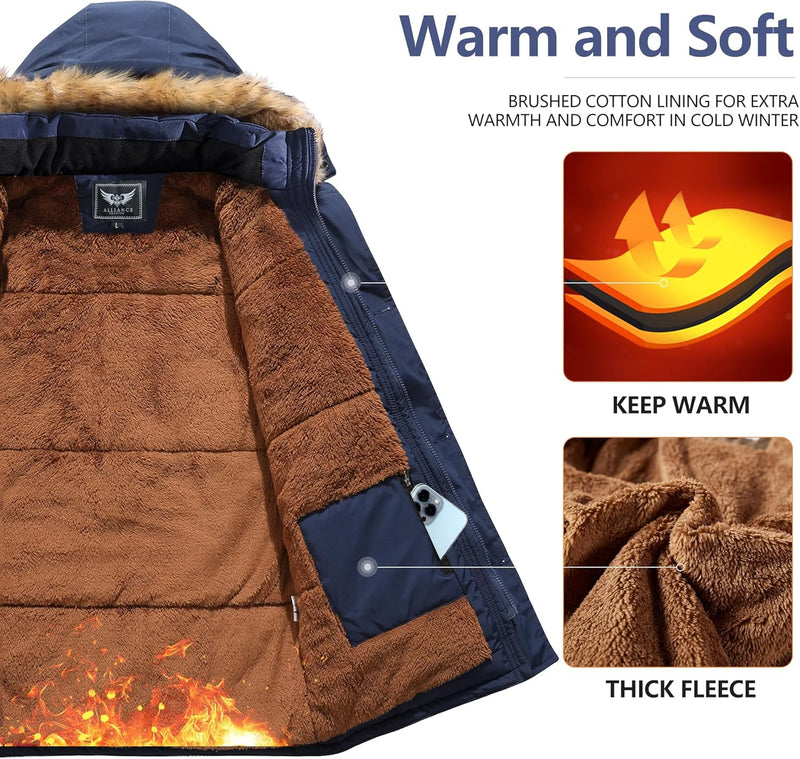 Dunkelblaue Winterjacke mit Kapuze, braunem Fleecefutter, warm, weich, Herrenmode.