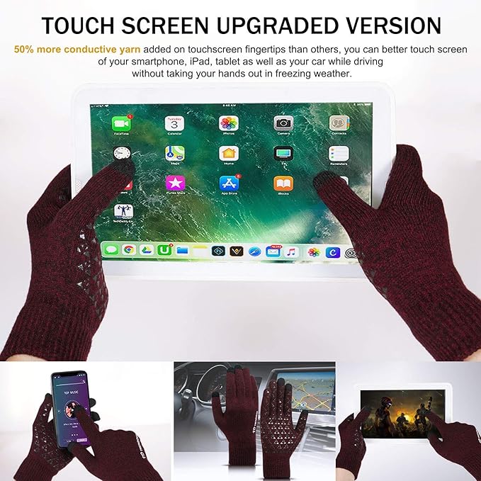 Touchscreen-Handschuhe, dunkelrot, gestrickt, für Smartphone und Tablet-Nutzung im Winter.