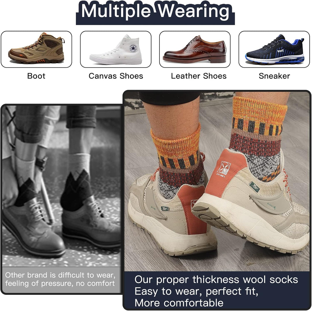 Beige Wanderschuhe mit orangefarbenen Akzenten, Wollsocken, bequem, vielseitig, Outdoor-Schuhe.