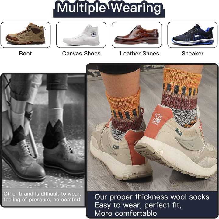 Beige Wanderschuhe mit orangefarbenen Akzenten, getragen mit bunten Wollsocken, bequem und robust.