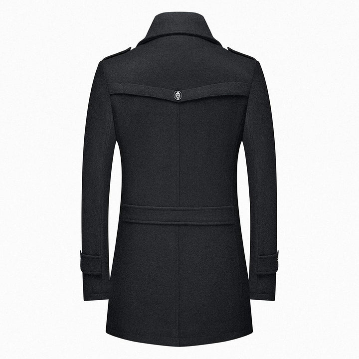 Schwarzer Herrenmantel, Wollmischung, elegantes Design, Rückansicht, Herbstmode.