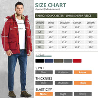 Rote Herrenjacke mit Kapuze, Sherpa-Fleece-Futter, Größenübersicht, Polyester, Wintermode.