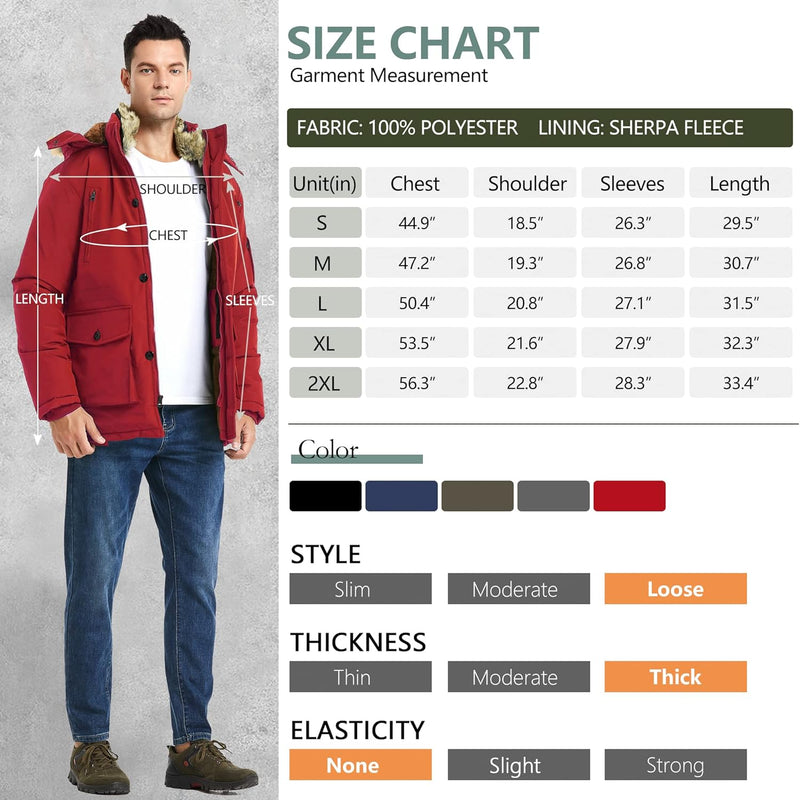 Rote Herrenjacke mit Kapuze, Sherpa-Fleece-Futter, Größenübersicht, Polyester, Wintermode.