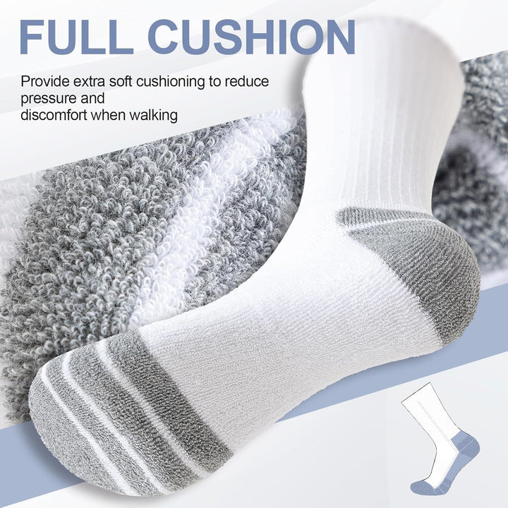 Weiße Sportsocke mit grauen Akzenten, voll gepolstert, für Komfort beim Gehen.