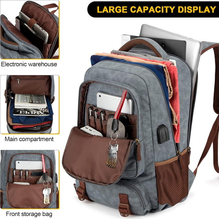 Anti-Diebstahl Canvas Laptop- und Reiserucksack mit USB-Anschluss – Geeignet für Laptops bis 43,94 cm