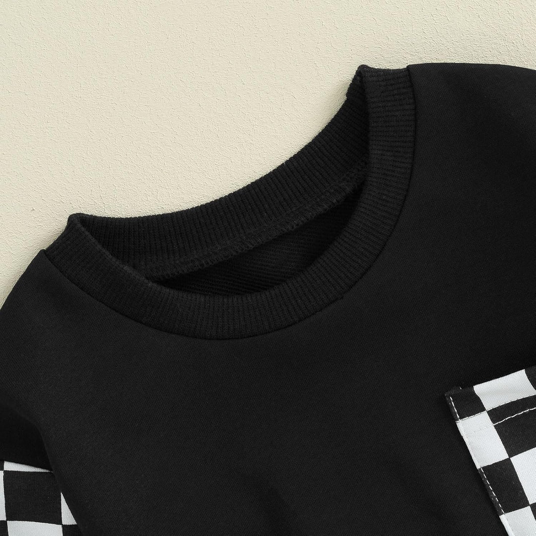 Schwarzes Sweatshirt mit karierten Ärmeln, Baumwolle, modisch, bequem, Unisex.