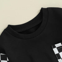 Schwarzes Sweatshirt mit karierten Ärmeln, Baumwolle, modisch, bequem, Unisex.