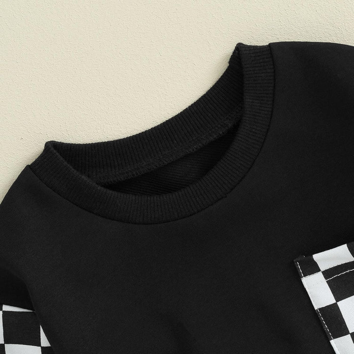 Schwarzes Sweatshirt mit karierten Ärmeln, Baumwolle, modisch, bequem, Unisex.