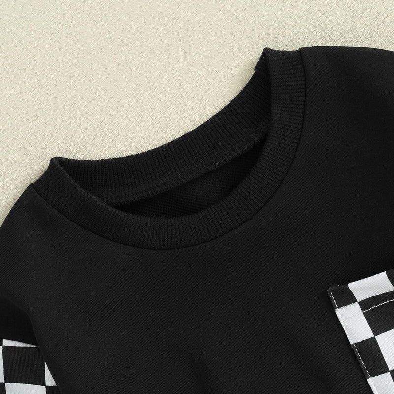 Schwarzes Sweatshirt mit karierten Ärmeln, Baumwolle, modisch, bequem, Unisex.