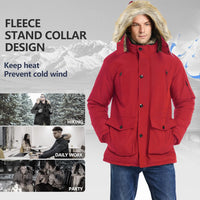 Rote Herren-Winterjacke mit Kapuze, Fleece, winddicht, ideal für Outdoor-Aktivitäten.