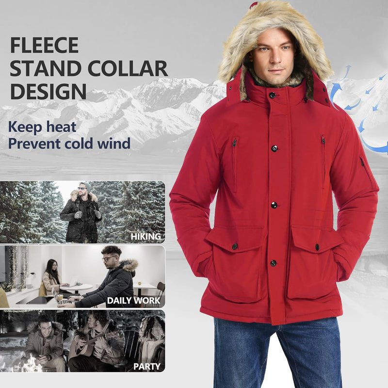 Rote Herren-Winterjacke mit Kapuze, Fleece, winddicht, ideal für Outdoor-Aktivitäten.
