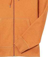 Orangefarbener Kapuzenpullover aus Baumwolle mit Reißverschluss und Kängurutaschen, Unisex-Design.