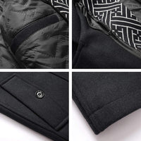 Schwarzer Herrenmantel, gesteppte Innenseite, Reißverschluss, elegantes Design, Wintermode.