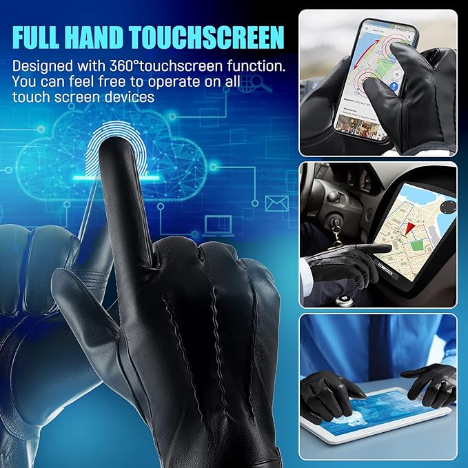 Schwarze Touchscreen-Handschuhe aus Leder, 360°-Funktion, für Smartphones und Tablets.