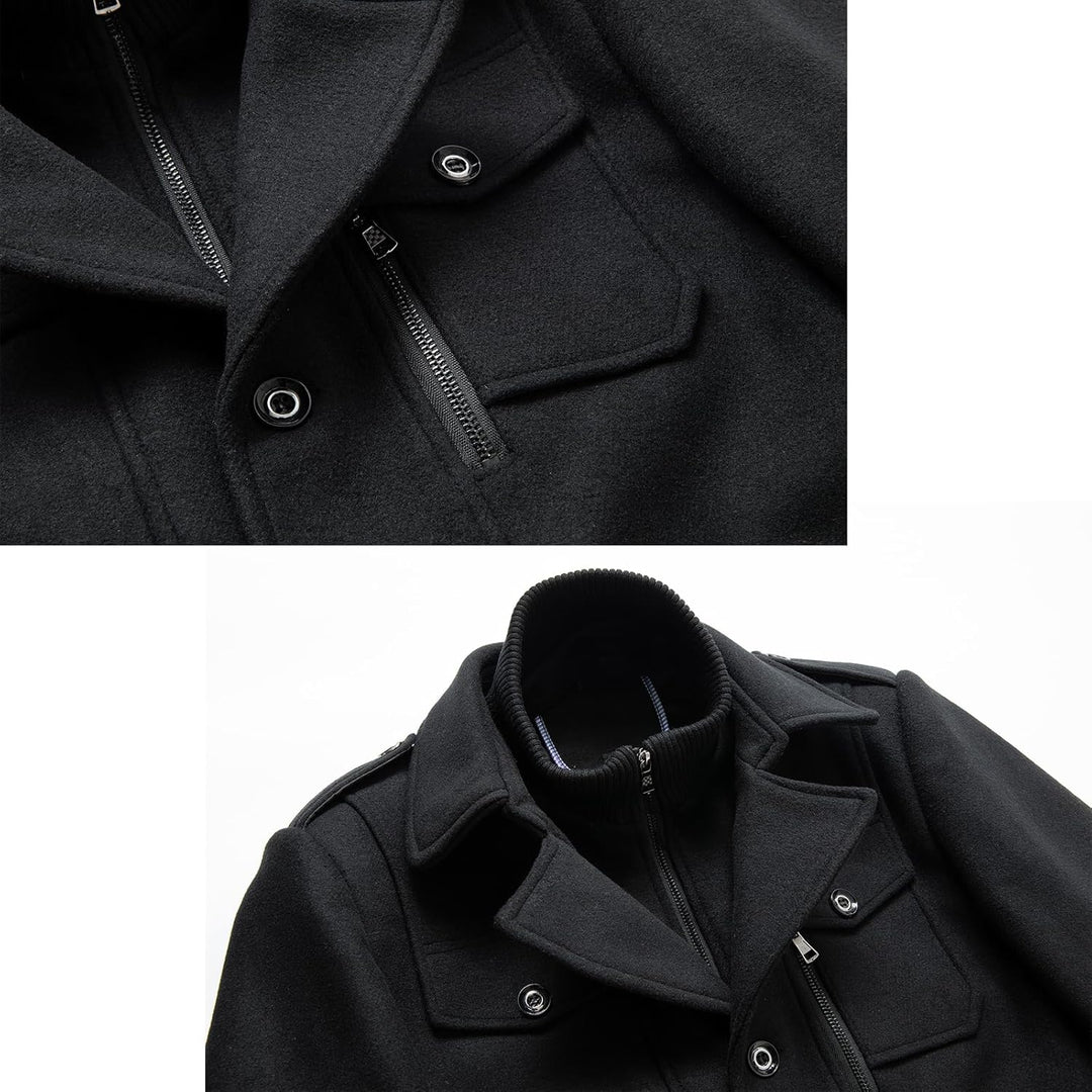 Schwarze Herrenjacke aus Wolle mit Reißverschluss und Knöpfen, stilvoll und warm.
