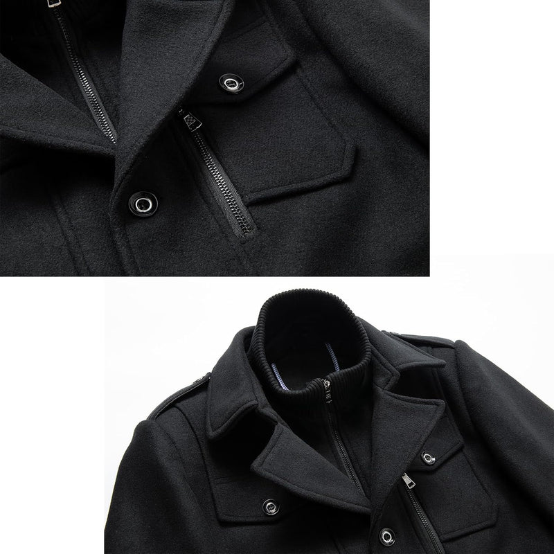Schwarze Herrenjacke aus Wolle mit Reißverschluss und Knöpfen, stilvoll und warm.