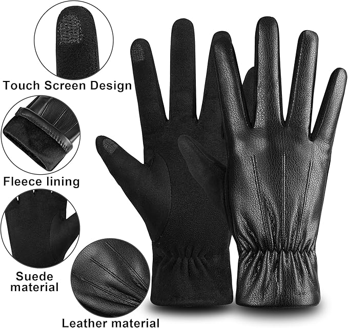 Schwarze Lederhandschuhe mit Touchscreen-Funktion, Fleecefutter, Wildlederdetails.