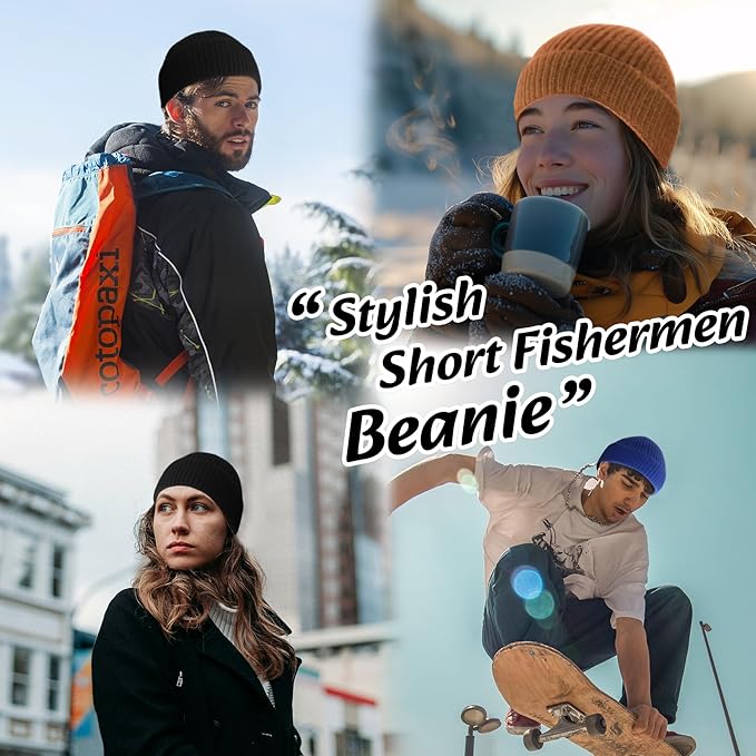 Vier Personen tragen stilvolle Fischer-Mützen in verschiedenen Farben im Freien.