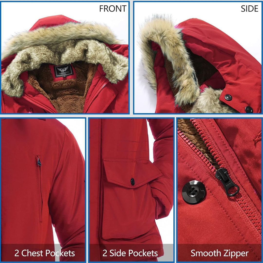 Rote Winterjacke mit Kunstfellkapuze, Reißverschluss, 2 Brust- und 2 Seitentaschen.