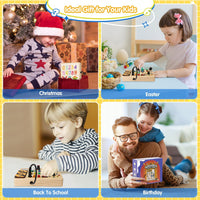 Vier Kinder spielen mit Lernspielzeug, ideal als Geschenk zu Weihnachten, Ostern, Geburtstag.