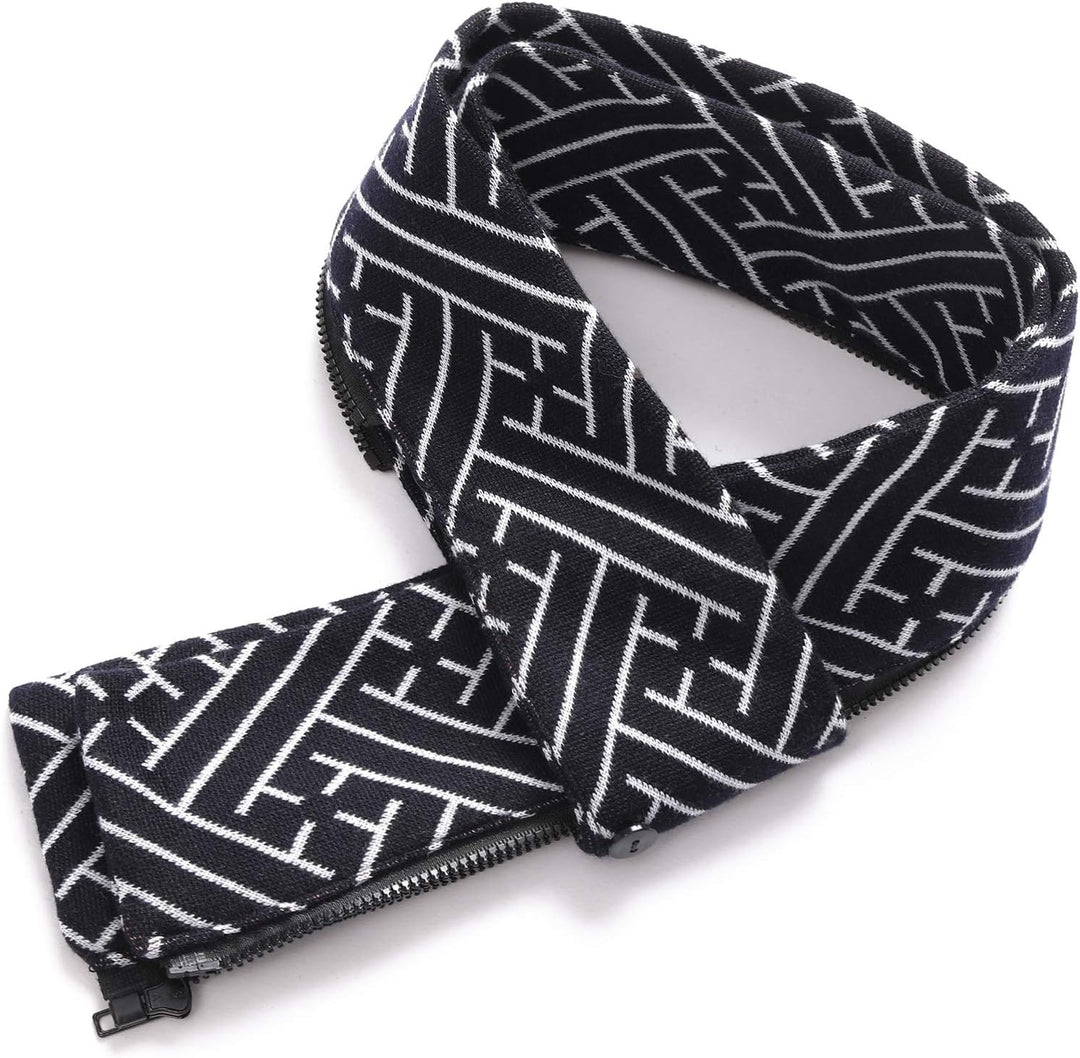 Schwarzer Strickschal mit weißem geometrischem Muster, Reißverschluss, Unisex, modisch.