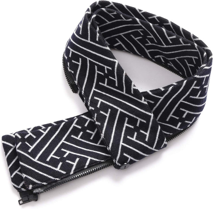 Schwarzer Strickschal mit weißem geometrischem Muster, Reißverschluss, Unisex, modisch.