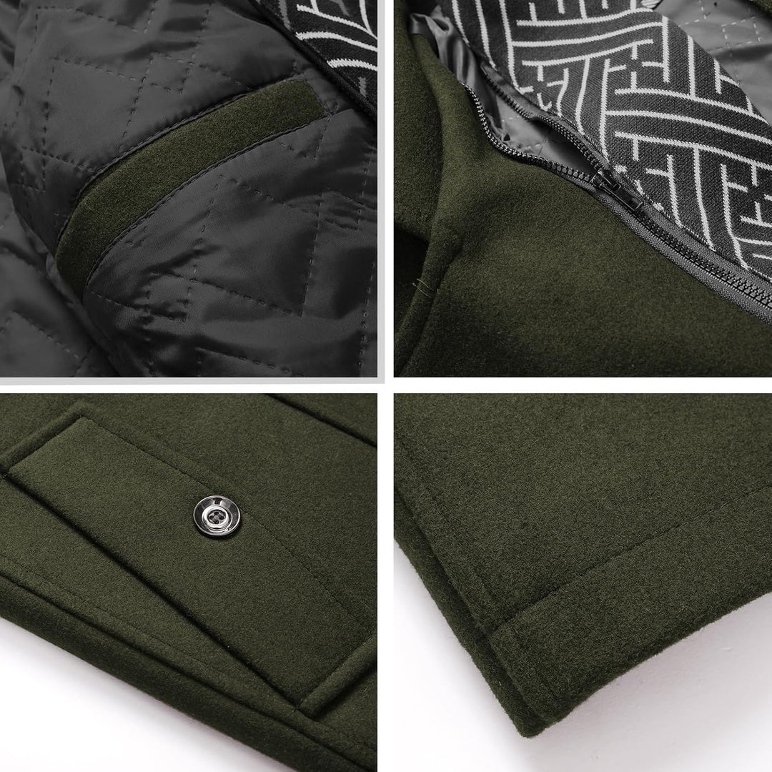 Grüner Wollmantel mit schwarzem Steppmuster, Reißverschluss und Knopfdetail, Herrenmode.