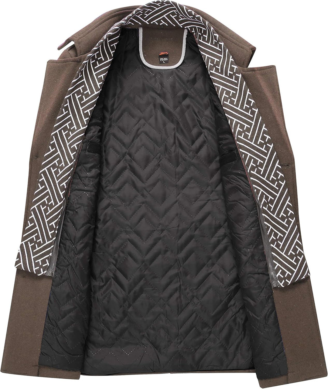 Brauner Herrenmantel mit geometrischem Innenfutter, Wintermode, stilvoll und warm.