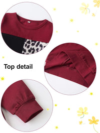 Bordeauxrotes Damen-Sweatshirt, Leopardenmuster, Rundhals, Langarm, Baumwolle, Detailansicht.