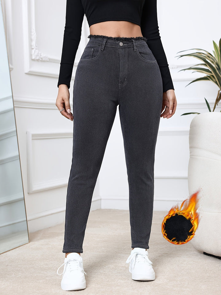 Damen Thermo-Jeans, schwarz, hohe Taille, elastisch, warm, Wintermode, bequem.