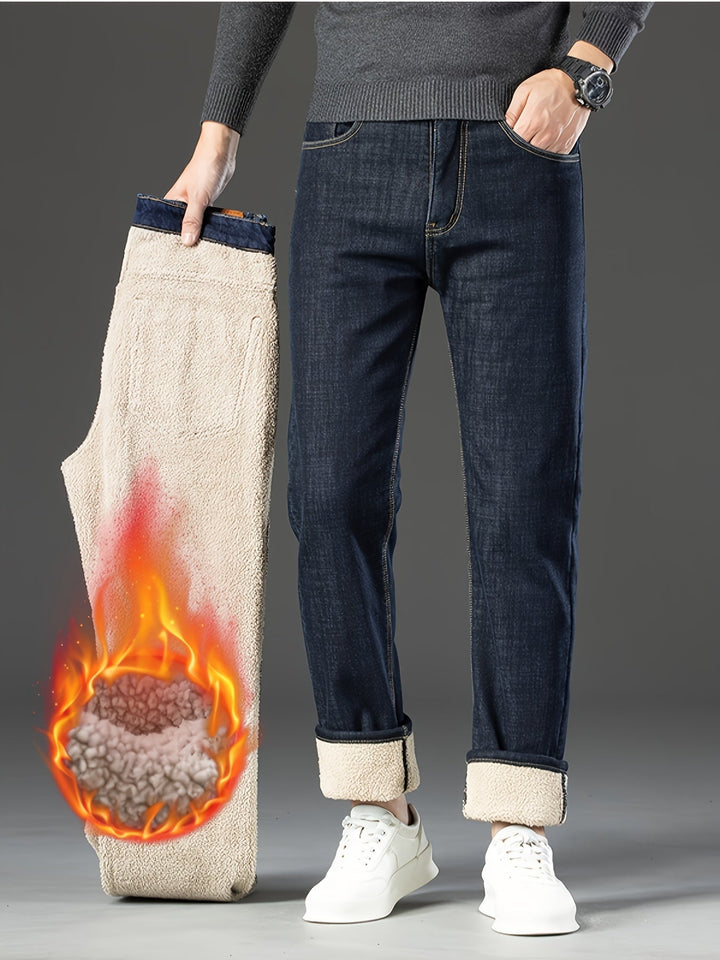 Mann in dunkelblauer Jeans mit beigem Futter, hält gefütterte Hose, Wintermode, Herrenbekleidung.