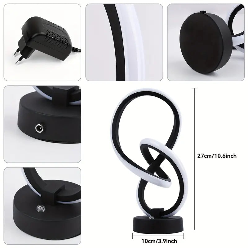 Schwarze LED-Tischlampe, modern, geschwungenes Design, 27 cm hoch, mit Netzteil.