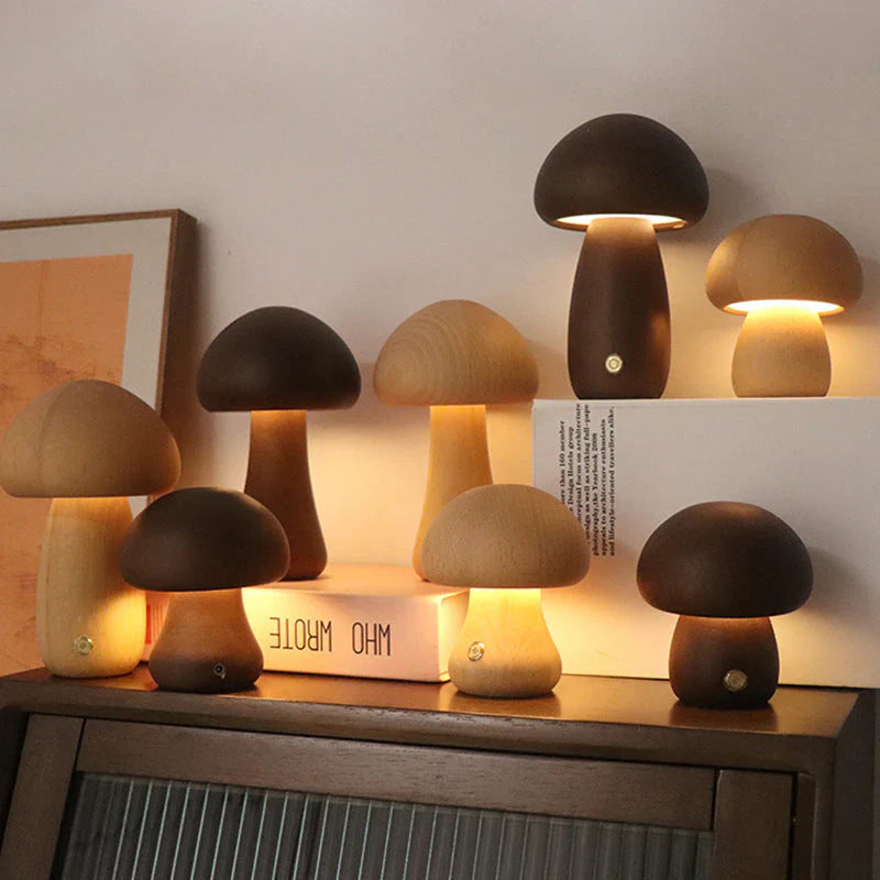 Holz-Pilzlampe, LED, warmes Licht, dekorativ, Tischleuchte, modernes Design, Wohnzimmer.