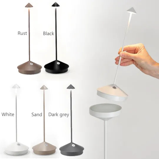 Moderne LED-Tischlampe in Weiß, Schwarz, Rost, Sand, Dunkelgrau; dimmbar, minimalistisches Design.