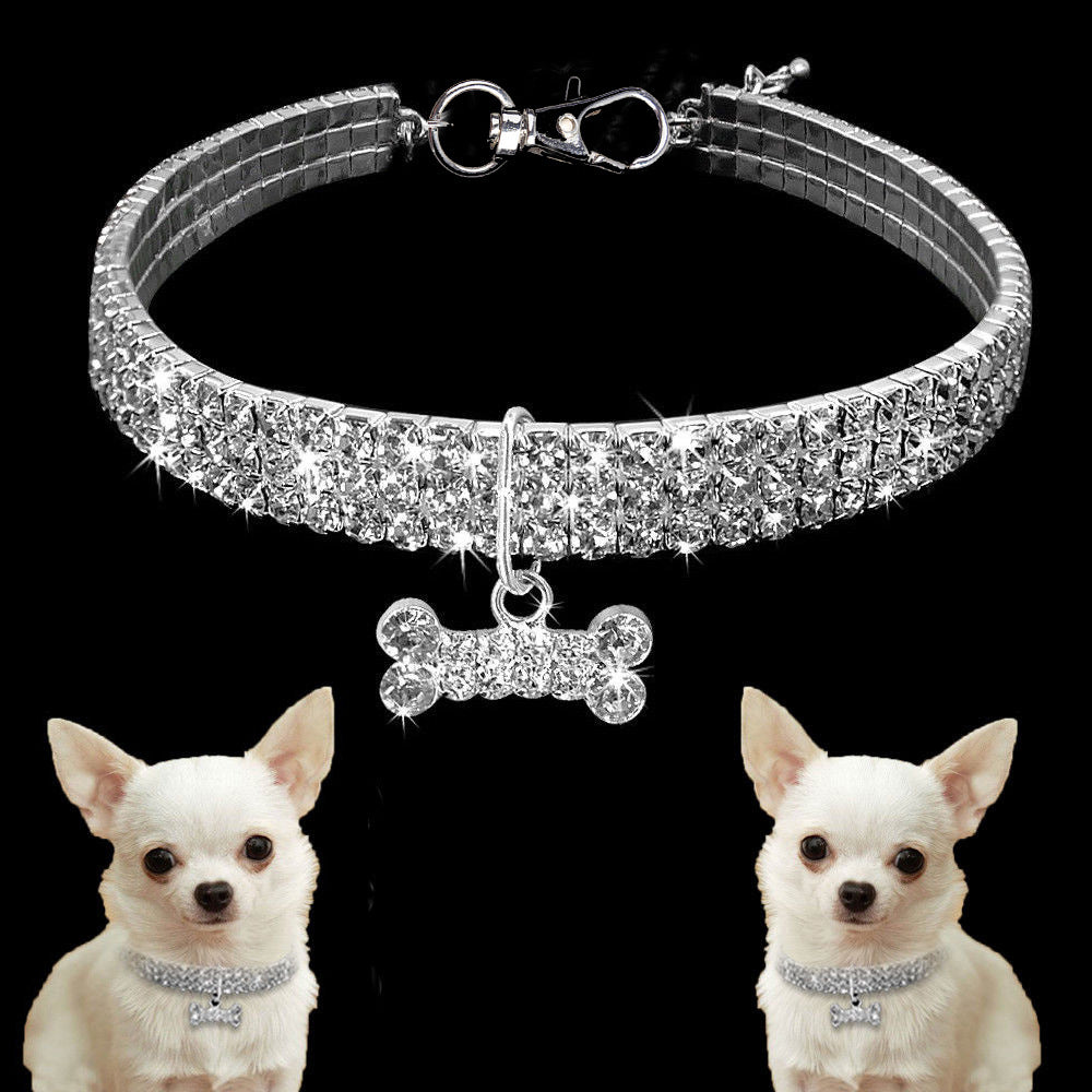 Luxuriöses Hundehalsband mit Strass, silber, Knochenanhänger, für kleine Hunde, Chihuahua.