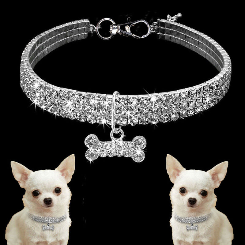 Luxuriöses Hundehalsband mit Strass, silber, Knochenanhänger, für kleine Hunde, Chihuahua.