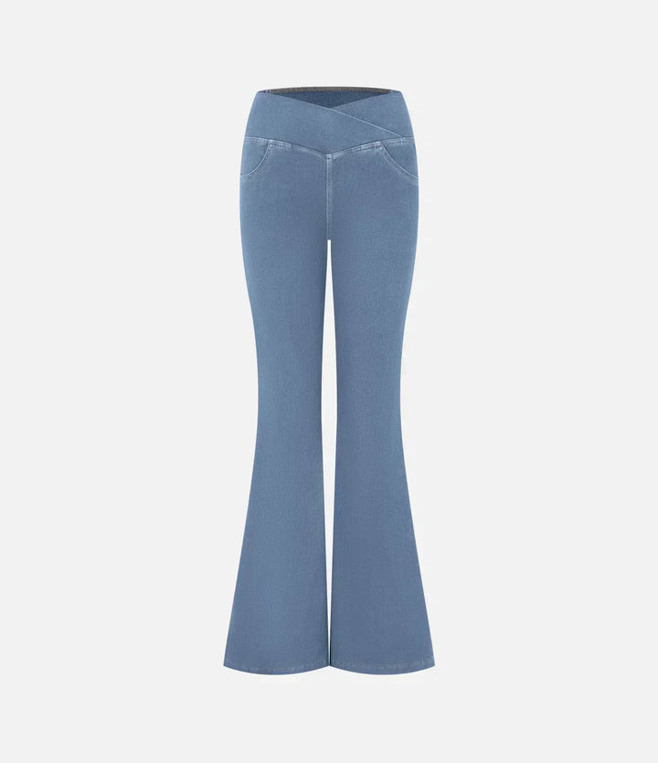 Blaue Damen-Schlaghose, Denim, hoher Bund, modisch, bequem, vielseitig, Freizeitkleidung.