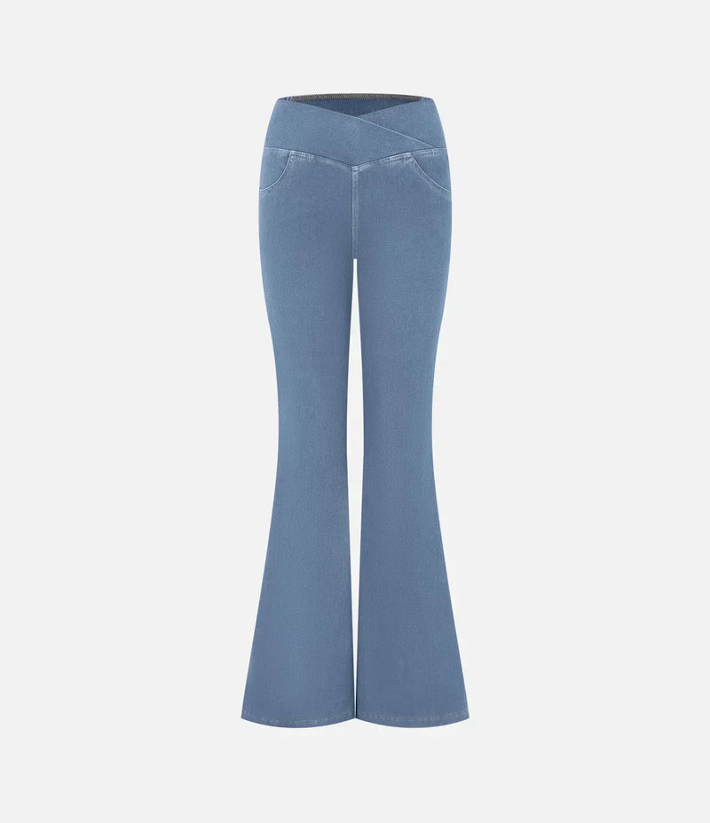Blaue Damen-Schlaghose, Denim, hoher Bund, modisch, bequem, vielseitig, Freizeitkleidung.