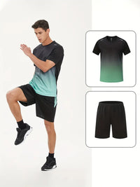 Mann in schwarz-grünem Sportset, bestehend aus T-Shirt und Shorts, beim Training.