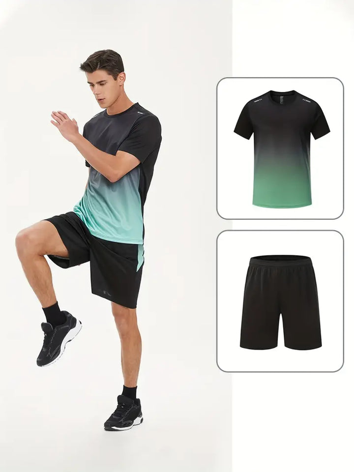 Mann in schwarz-grünem Sportset, bestehend aus T-Shirt und Shorts, beim Training.
