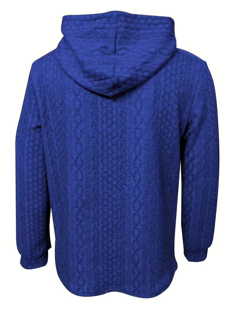 Blauer Kapuzenpullover, Strickmuster, langärmelig, Herrenmode, Freizeitkleidung.