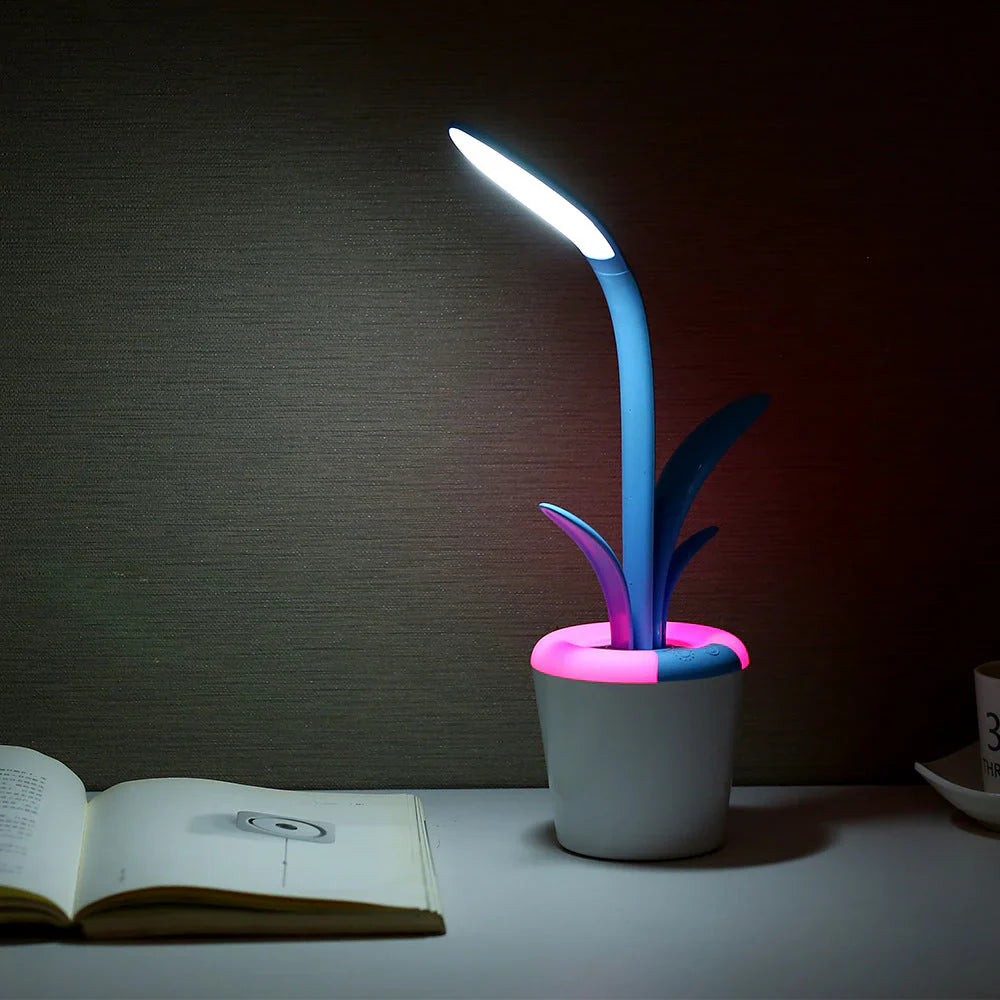 LED-Schreibtischlampe in Pflanzenform, blau-rosa, dimmbar, USB-betrieben, modernes Design