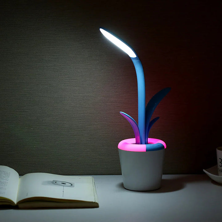 LED-Schreibtischlampe in Pflanzenform, blau-rosa, dimmbar, USB-betrieben, modernes Design