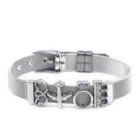 Silbernes Armband mit Herz-, Kreuz- und Zirkonia-Charms, verstellbar, Edelstahl, Damenmode.