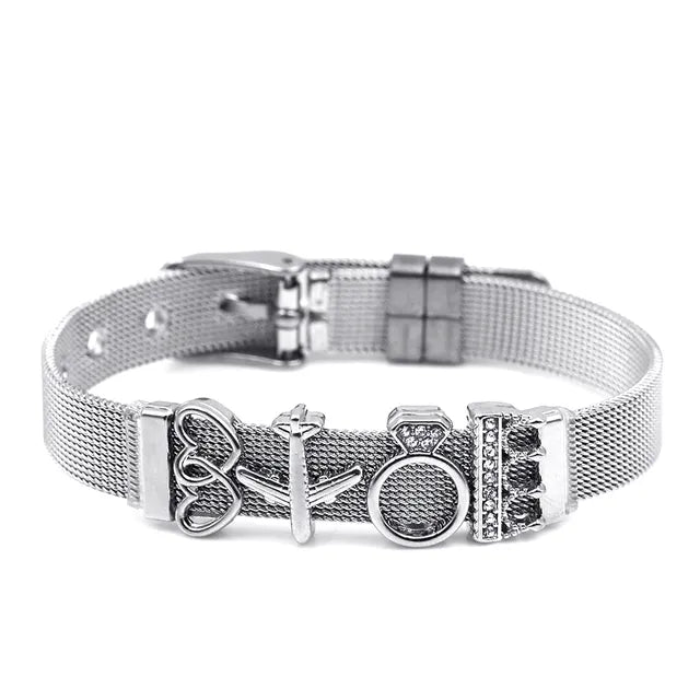 Silbernes Armband mit Herz-, Kreuz- und Zirkonia-Charms, verstellbar, Edelstahl, Damenmode.
