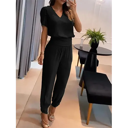 Trendiger Damen Jumpsuit mit Kurzarm & weitem Bein – Alina