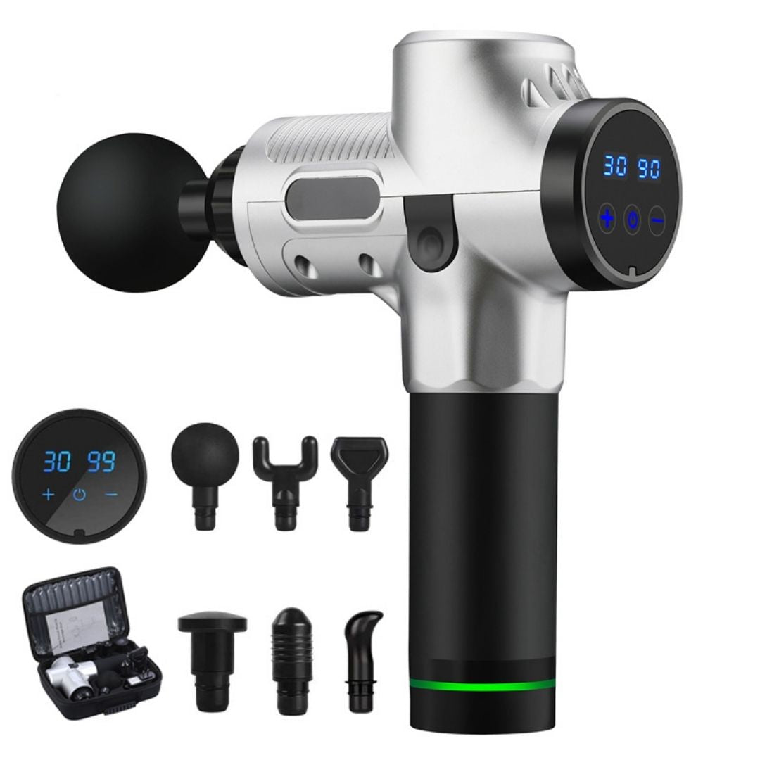 Elektrische Massagepistole, silber-schwarz, mit LCD-Display und sechs Aufsätzen für Muskelentspannung.