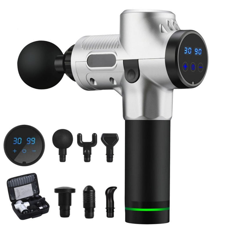 Elektrische Massagepistole, silber-schwarz, mit LCD-Display und sechs Aufsätzen für Muskelentspannung.